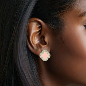 Aka Pink Silver Green Rhinestone Clover Stud Earrings